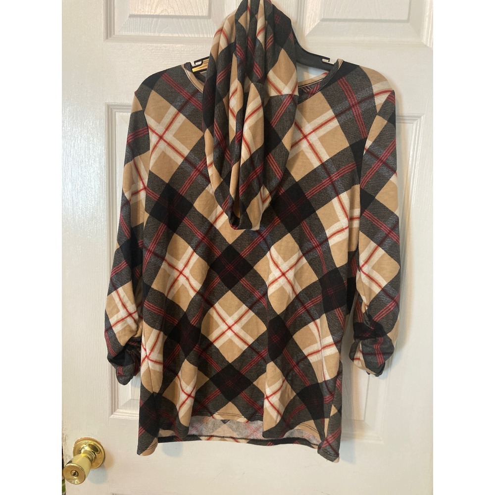 Robert Louis Plaid Top with Scarf Tan Black Red Ruched 3/4 Sleeve Large